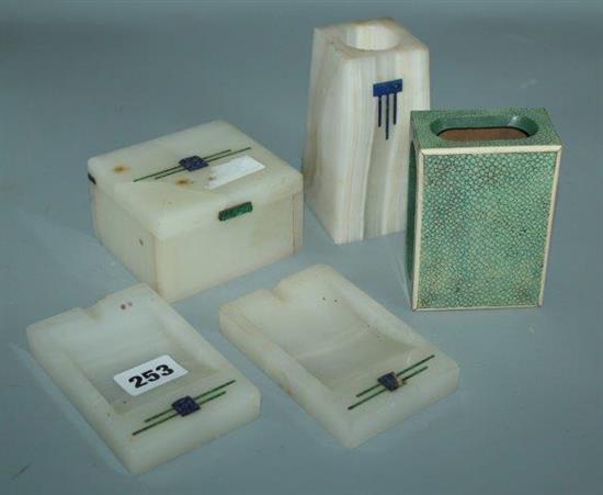 Art Deco onyx 4 piece smokers set and shagreen matchcase